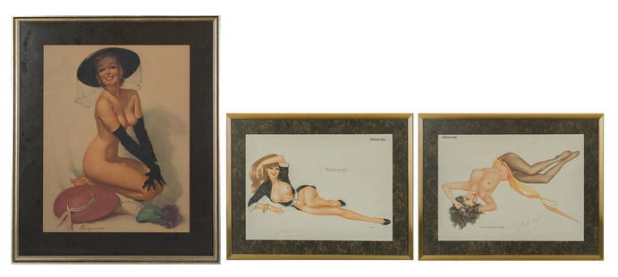 Vargas and Elvgren, (3) Pin-Up Girl Posters: Alberto Vargas (Amer., 1896-1982), (2) pin-up girl posters (signed), and (1) Gil Elvgren (Amer., 1914-1980) pin-up girl lithograph Provenance: Property from a Dominion Mansion, San Antonio, Texas We