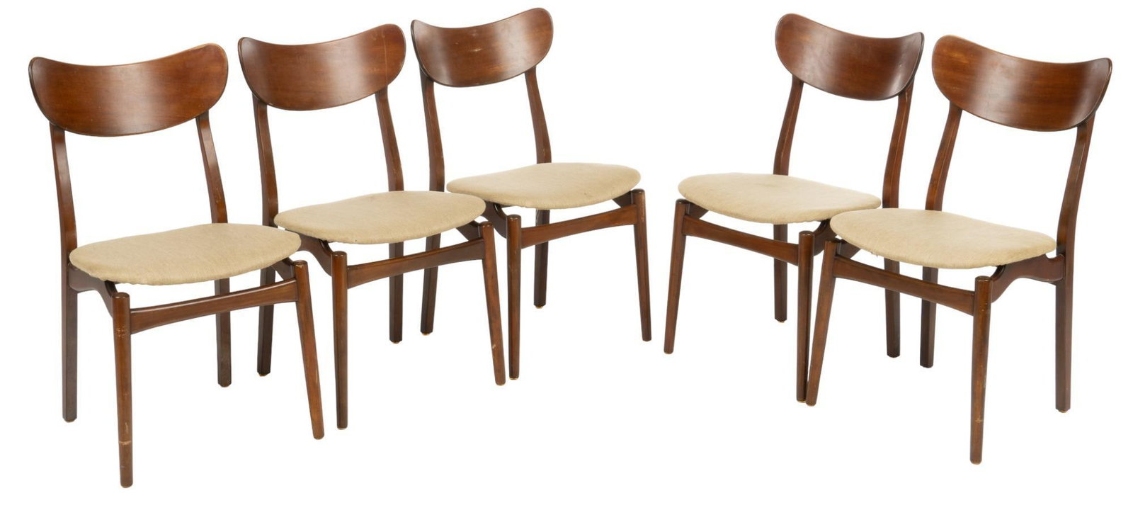 Set of (5) Danish Mid-Century Dining Chairs: Matched set of five (5) Danish Mid-Century dining chairs, each having curved wooden back and cushioned seat height 33 in. x width 18 in. x depth 17 in. We happily provide seamless shipping services on
