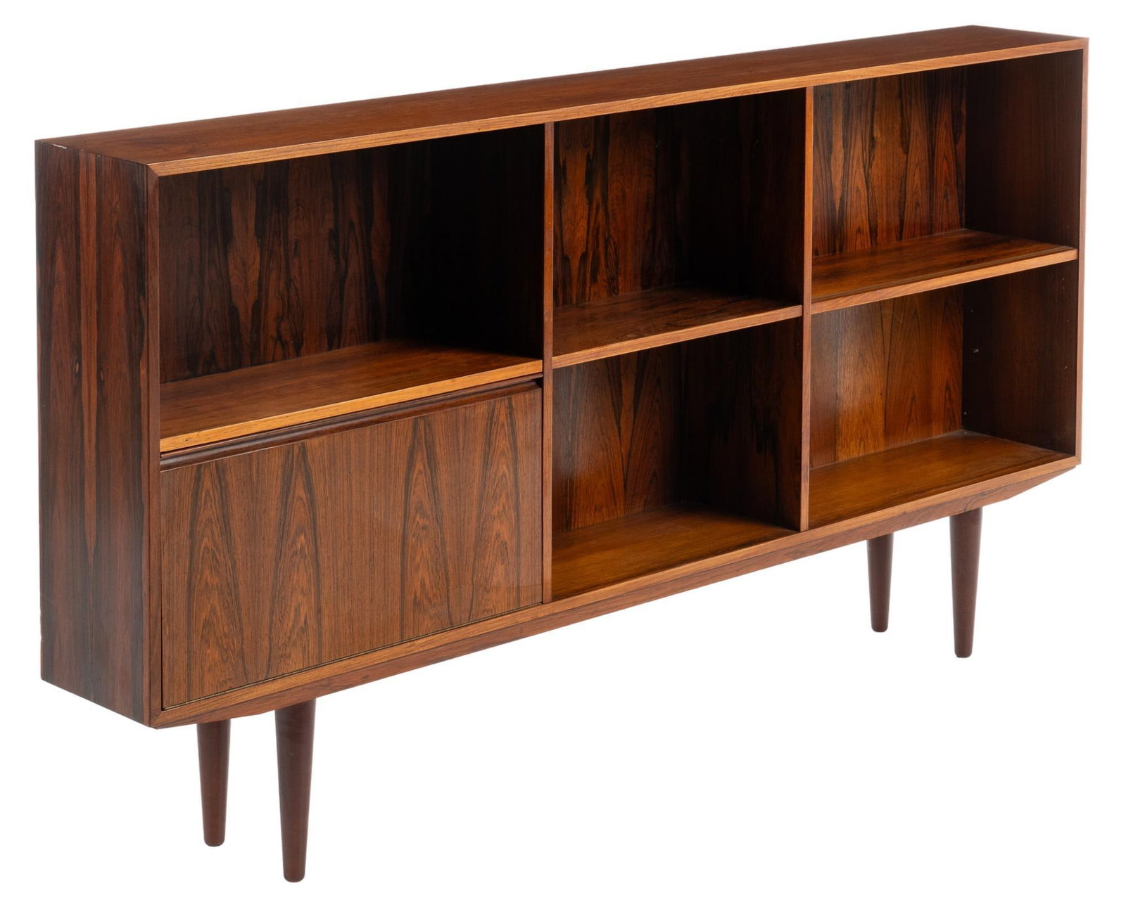 Danish Mid-Century Credenza: Danish Mid-Century credenza / sideboard, with five open shelves, one drop down door, opening to two shelves, on pin legs height 38.5 in. x width 72 in. x depth 10 in. We happily provide seamless shipp