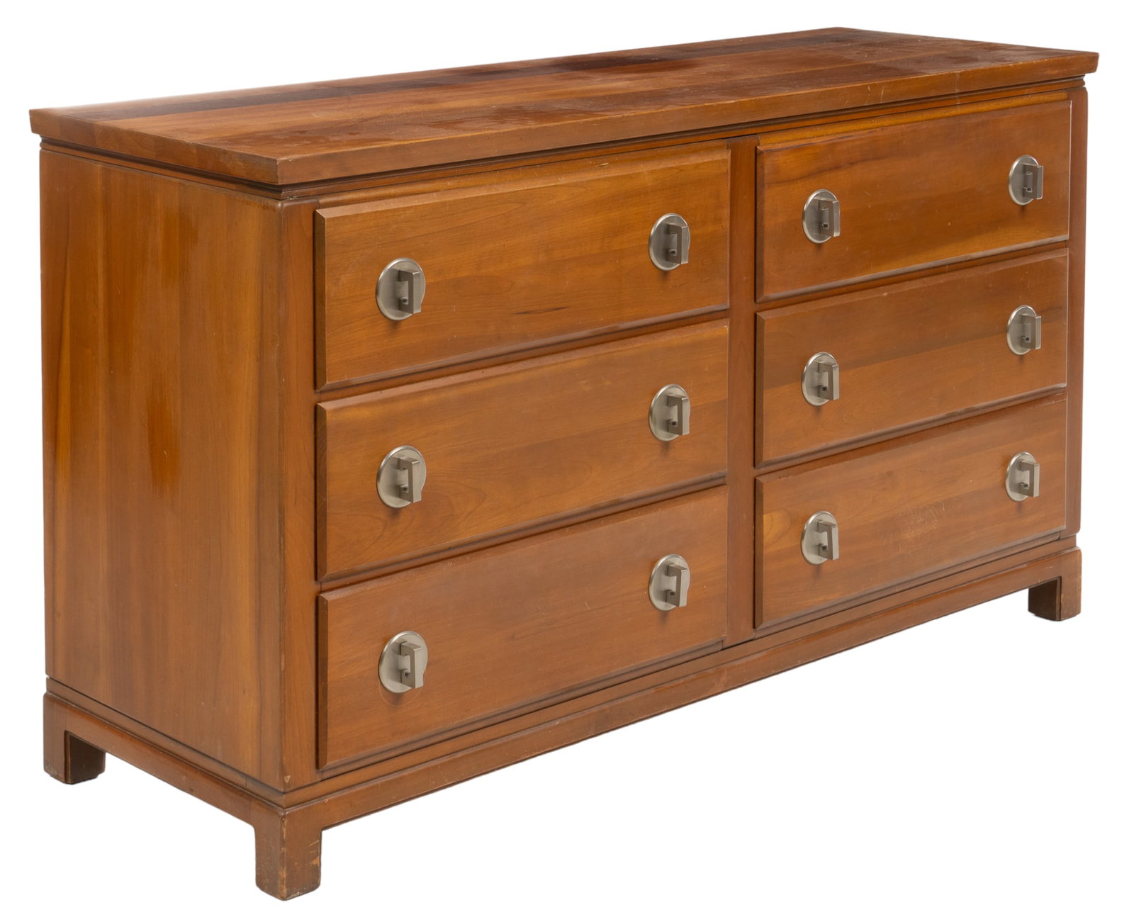 Jamestown Crawford Mid-Century Dresser: Mid-Century dresser, designed by Jamestown Crawford, with thick rectangular top, over two stacks of three drawers, all featuring geometric vertical pulls, marked with partial label to back, matching c