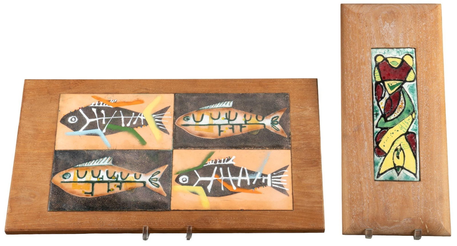 (2) Hand Painted Enameled Copper Art Panels: (2) Hand-painted enameled copper art panels, including a two-by-two grid featuring colorful black and brown fish, and a smaller panel featuring a colorful abstraction largest: sight 19.5 in. x 11 in.;