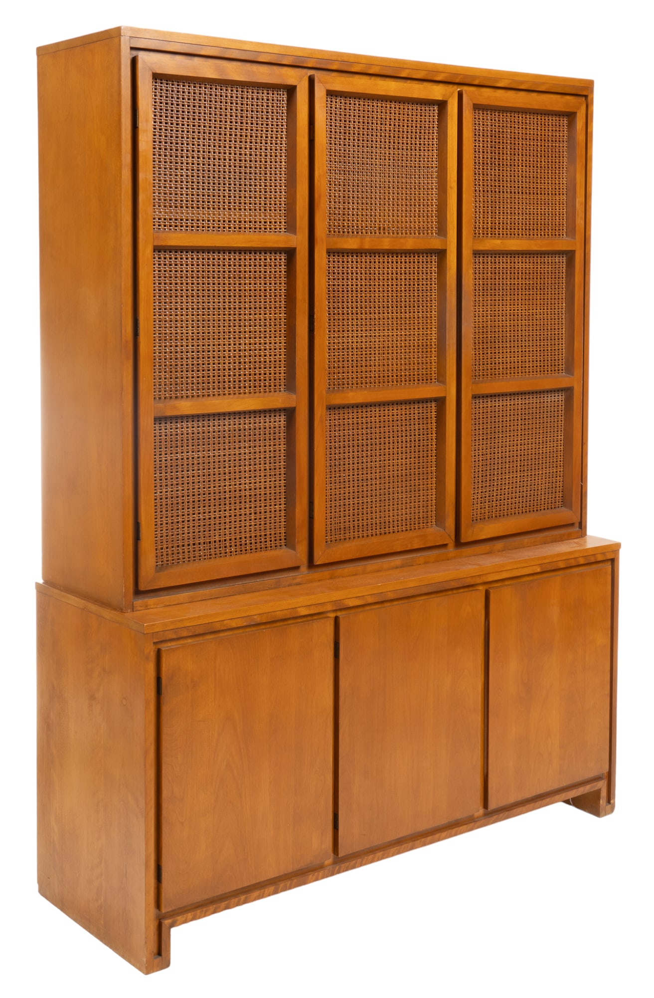 Mid-Century Woven Cane China Cabinet: Mid-Century woven cane hutch, designed by Russel Wright (New York, United States, 1904-1976) for Conant Ball, featuring three woven cane panel cabinet doors open to six shelves, below three solid door