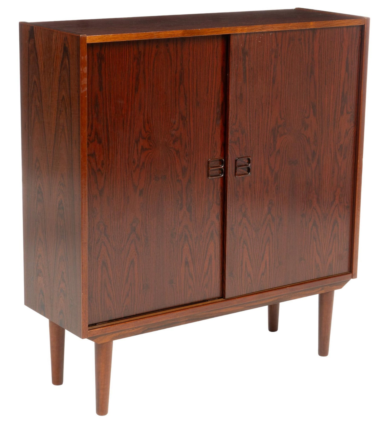 Danish Mid-Century Credenza: Danish Mid-Century credenza / sideboard, two sliding doors open to 3 shelves, supported by tapered pin-legs height 37 in. x width 34.5 in. x depth 11.5 in. We happily provide seamless shipping service