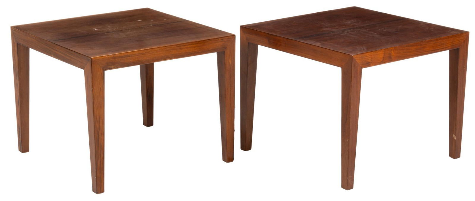 Pair of (2) Severin Hansen (DNK) Mid-Century Rosewood Side-Tables: Pair of two (2) Severin Hansen (DNK) Mid-Century rosewood side-tables, square tops, tapered pin-legs height 17.5 in. x width 22 in. x depth 22 in. We happily provide seamless shipping services on