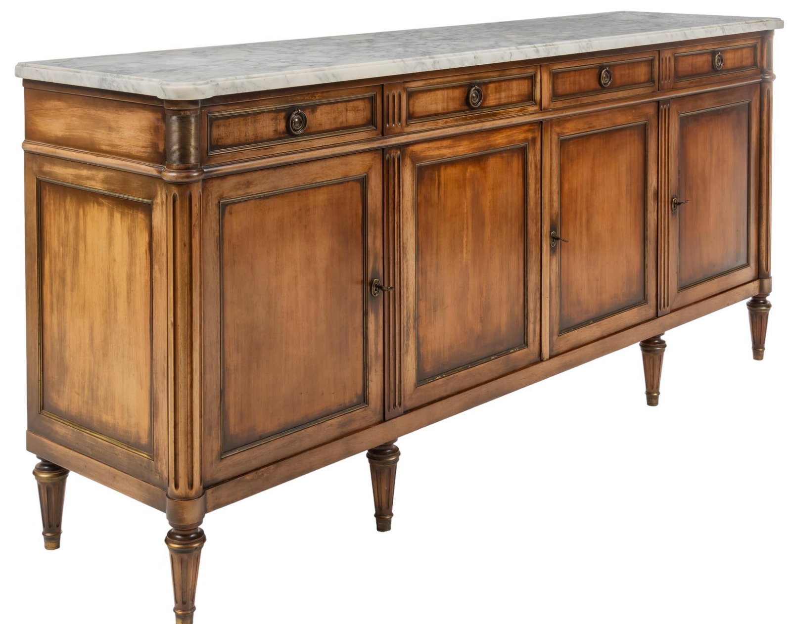 Louis XVI Style Marble Top Sideboard: Louis XVI style sideboard, with marble top, over four drawers, cabinet doors, flanked by incised accents, opening to shelf storage, supported on tapered fluted legs, includes three keys height 39.5 in