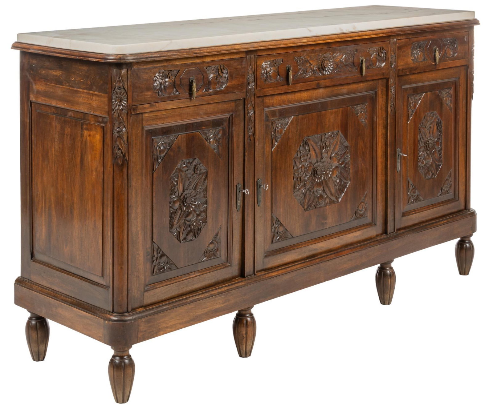 Louis XVI Style Marble Top Sideboard: Louis XVI style sideboard with white marble top, over three drawers, three cabinets, featuring carved floral motifs, supported on tapered feet, to include three keys height 42 in. x width 72 in. x dep