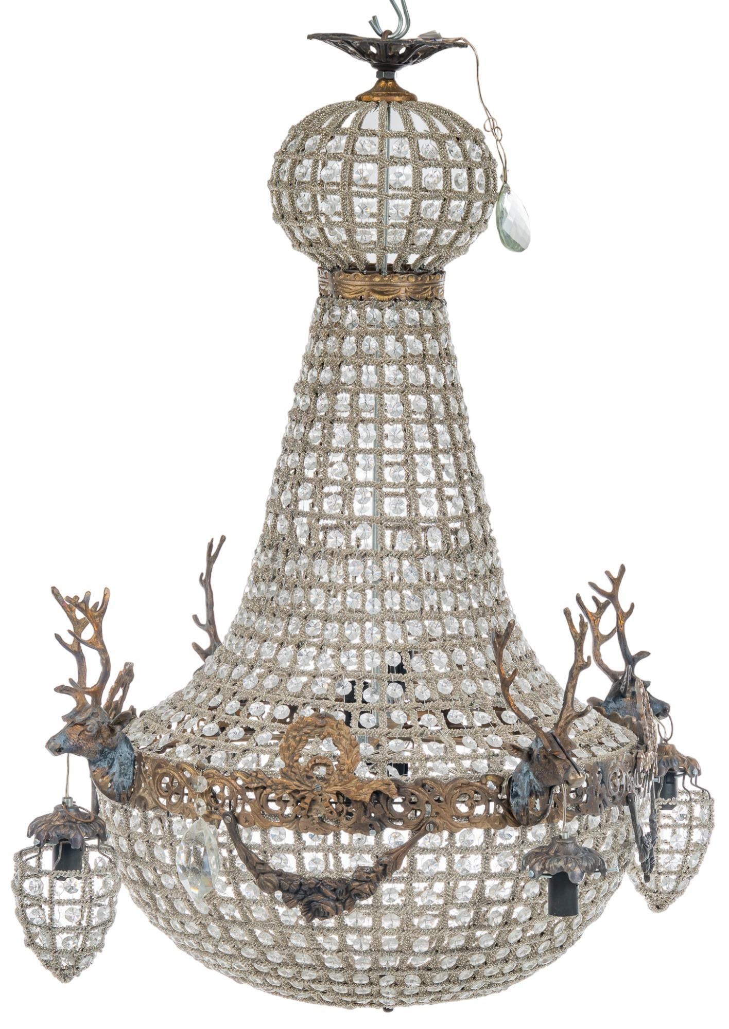 French Empire Tent & Basket Chandelier: French Empire style tent and basket chandelier, having glass bobeches and brass figural representation of deers surrounding height 33 in. x diameter 27 in. We happily provide seamless shipping service