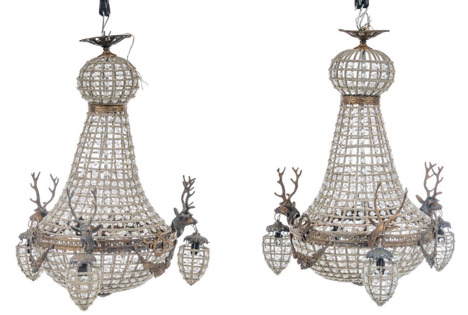 French Empire Style Tent and Basket Chandelier: French Empire style tent and basket chandelier, with glass pendants, beaded accents, featuring stag motifs, holding smaller lights height 33 in. x diameter 27 in. We