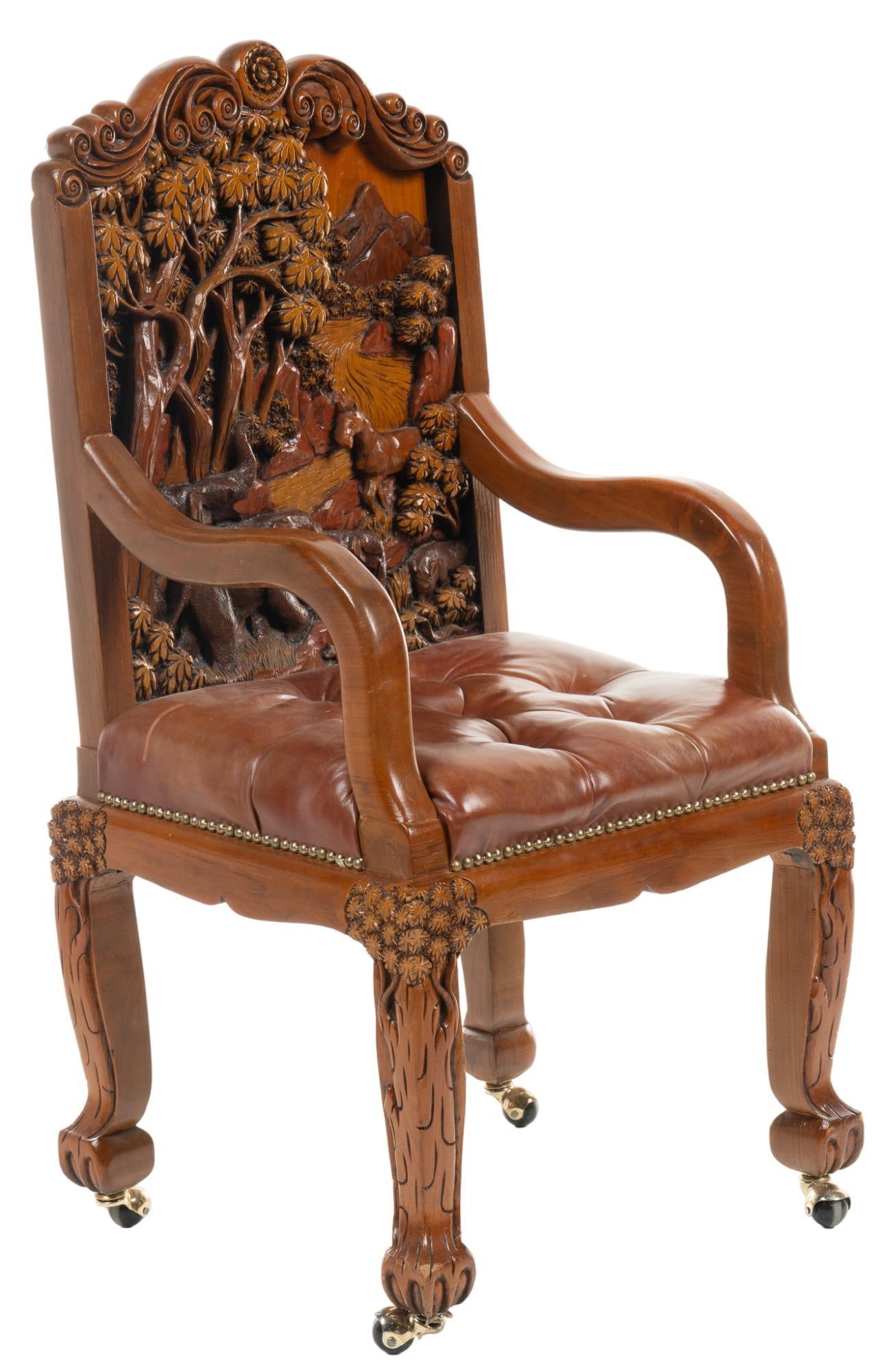 Carved Wood Chair with Leather Seat (1 of 6)