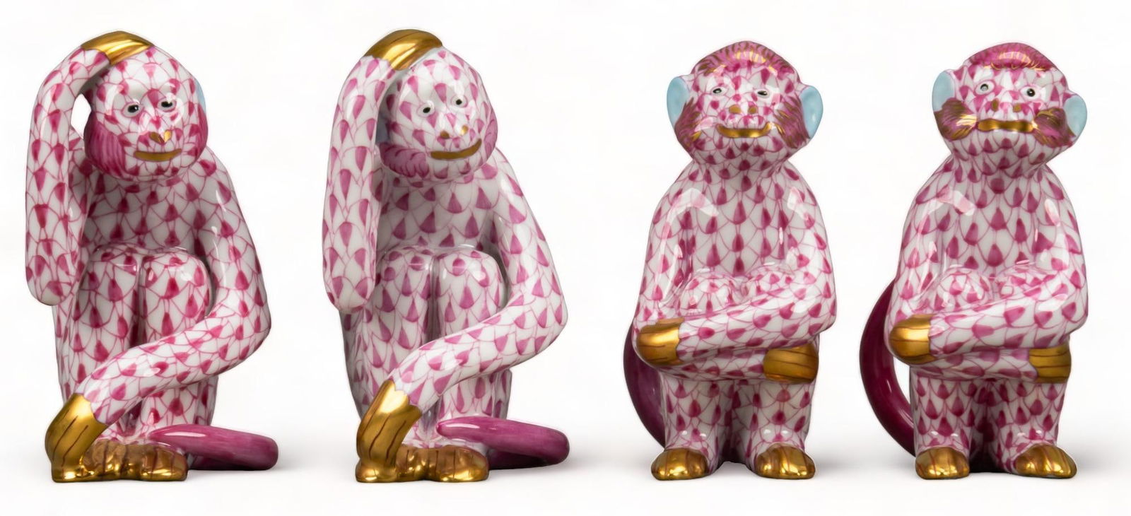 (4) Herend Porcelain Fishnet Monkey Figurines (1 of 5)
