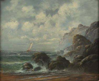 Attributed to Albert Bierstadt, Coastal Scene: Attributed to Albert Bierstadt, coastal scene of breaking waves, pastel on paper, in original glass and frame sight: 20 x 24 in., frame: 25.5 x 29.5 in. Provenance: family inheritance We happily pr
