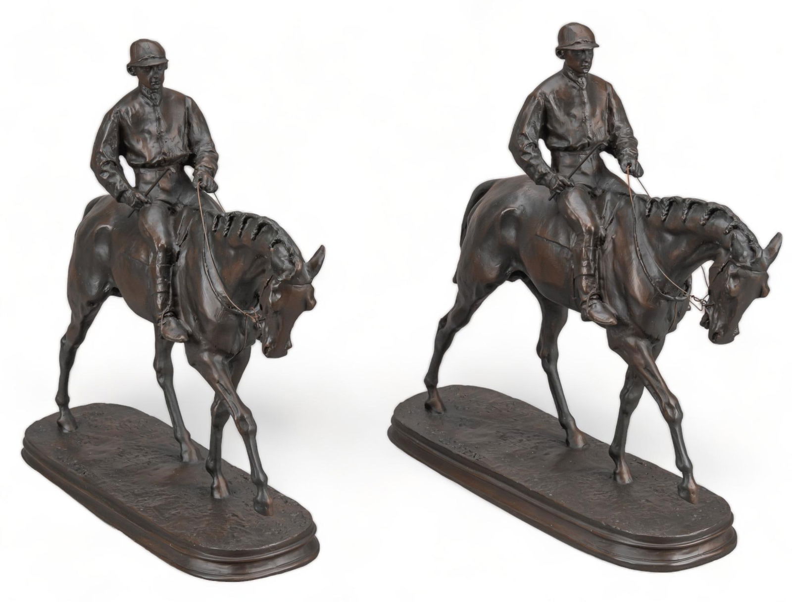 Pierre-Jules Mene, (2) Jockey Bronzes: Pierre-Jules Mene (1810-1879), (2) jockeys on horseback, bronze recast sculptures height 16 in. x width 5 in. x depth 16.5 in. We happily provide seamless shipping services on everything we sell. Pl