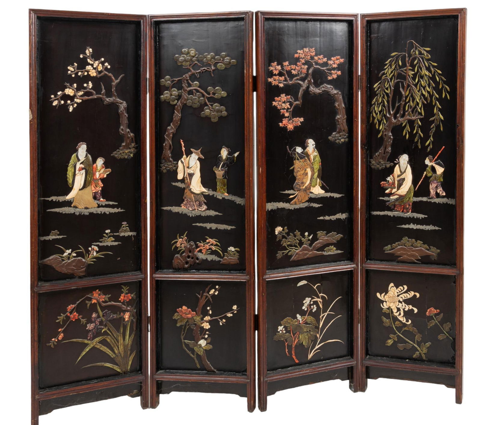 Chinese Folding Screen: Four paneled Chinese folding screen, lacquer with inlaid and painted accents, classical motif, double sided height 76 in. x width 84 in. x depth 2 in. Provenance: From the estate of a former directo