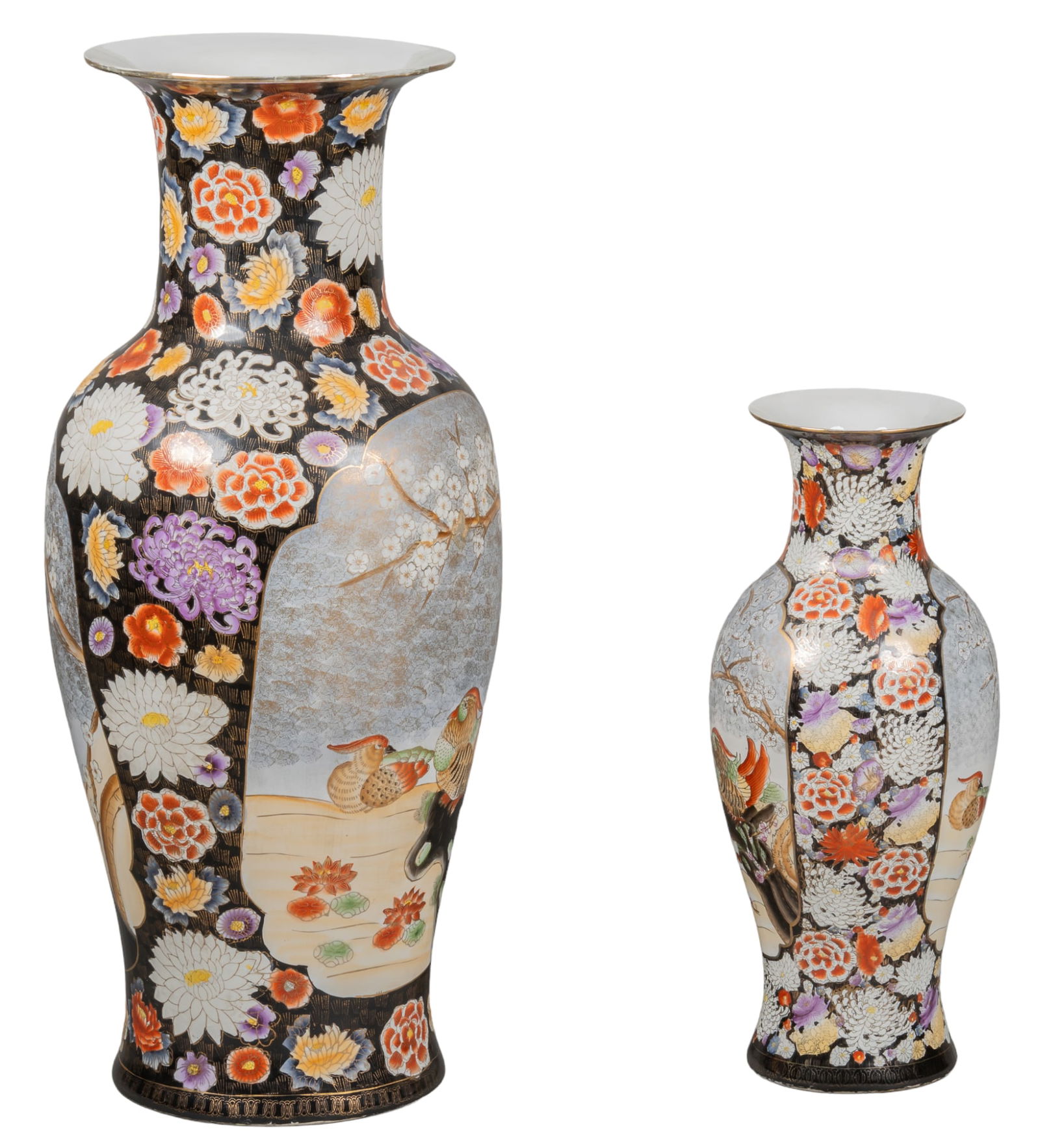 (2) Imari Style Vases: Two Japanese Imari style vases, with ceramic bodies, matching glaze decoration, depicting floral and naturalist motifs height 38 in. x diameter 15 in. / tallest Provenance: Property from a Mexico Ci