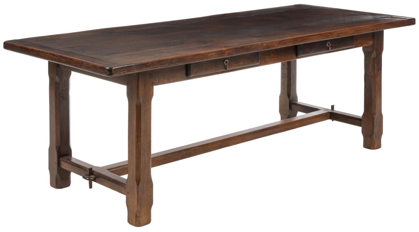 Farmhouse Table: Farmhouse table, with thick top, over two drawers, supported on block legs, connected with stretcher height 49.5 in. x width 86.5 in. x depth 35 in. We happily provide seamless shipping services on ev