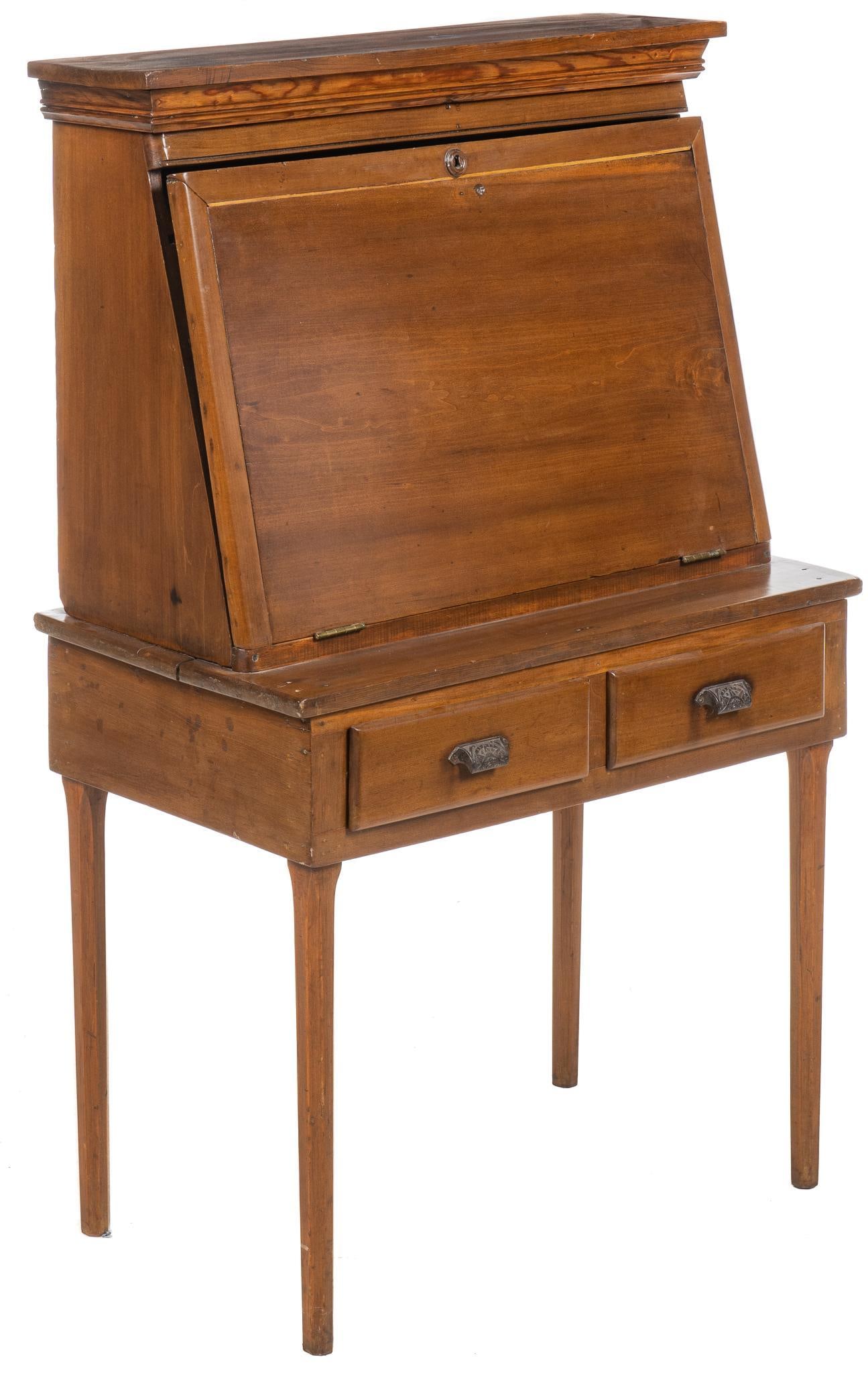 Vintage Drop Down Secretary Desk: Vintage drop down secretary desk, with hinged top, opening to writing surface, pigeon holes over storage niche, above two drawers, with iron handles, with sun motif, supported on tapered legs, circa e