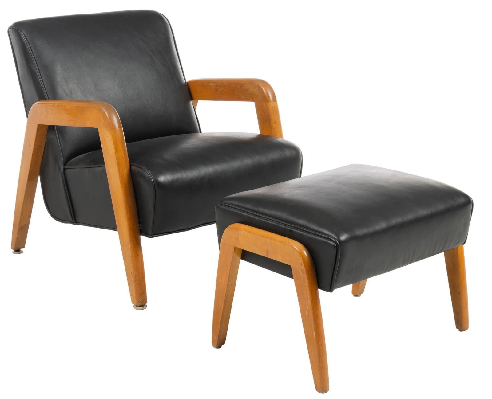 After Russel Wright for Thonet Leather Armchair: Leather armchair and matching ottoman, after design by Russel Wright for Thonet, with black upholstery, U-shape frame, ending in tapered feet height 31 in. x width 25.5 in. x depth 31.5 in. We happi
