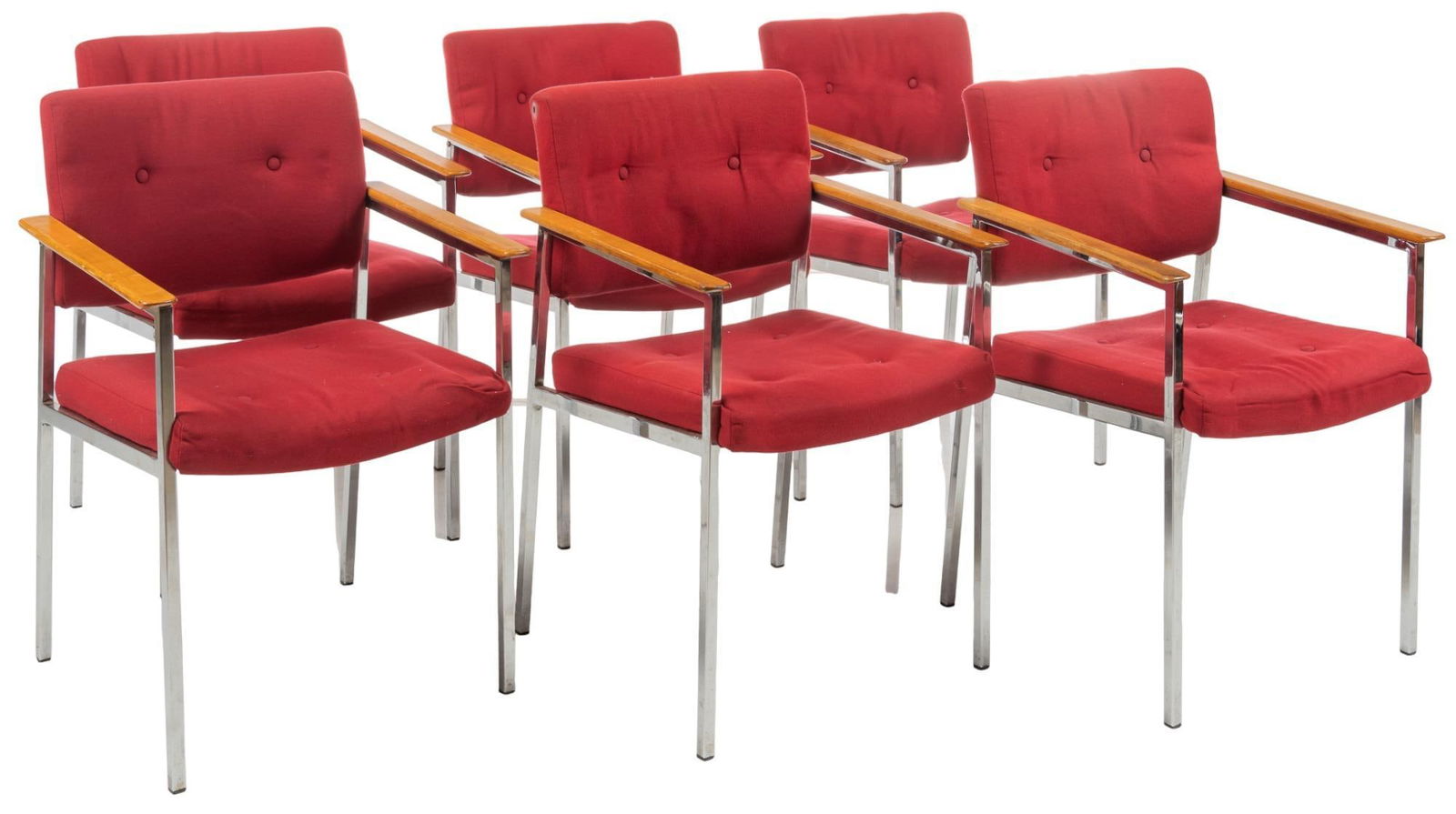 Set of (6) Milo Baughman Style Armchairs: Set of six Milo Baughman style armchairs, with red upholstery, wooden armrests, supported on chrome bases height 33 in. x width 22.5 in. x depth 20 in. / each We happily provide seamless shipping se