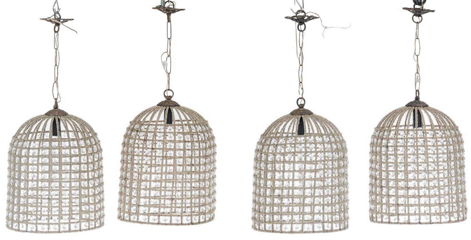 Set of Bird Cage Chandeliers: Set of (4) bird cage chandeliers, with glass pendants, acrylic accents height 24 in. x diameter 11 in. / each We happily provide seamless shipping services on everythi
