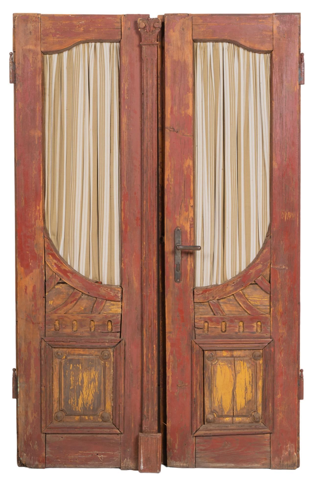 Pair of Architectural Doors: Pair of architectural doors, featuring carved accents, inlaid linen panels height 79 in. x width 28 in. x depth 2 in. / each We happily provide seamless shipping services on everything we sell. Pleas