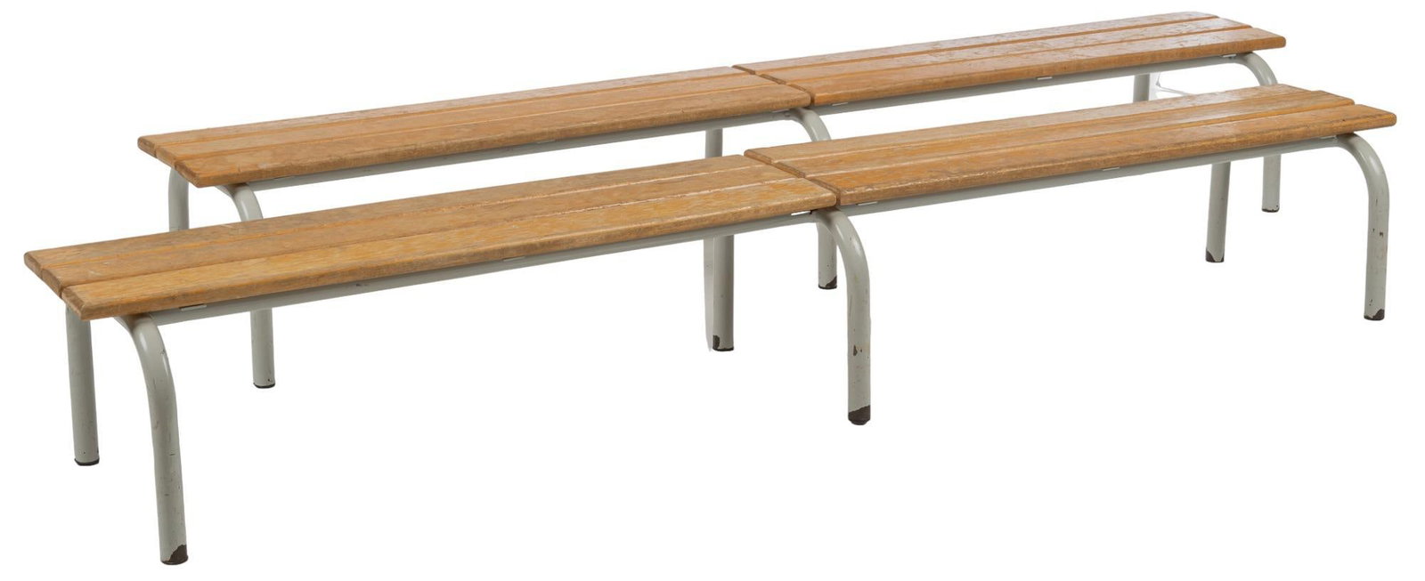 Pair of School Benches: Pair of school / children's benches, with plank tops, supported on curving metal legs height 12 in. x width 79 in. x depth 15 in. / each We happily provide seamles