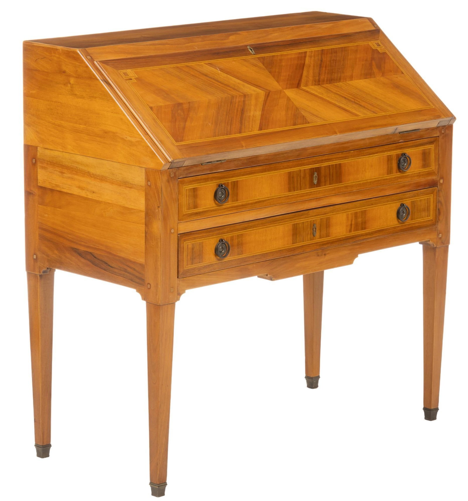 Secretary Desk: Secretary desk, with hinged slant top, opening to sliding writing surface, interior drawers, above two drawers, with hepplewhite style backplates, supported on tapered legs, featuring parquetry inlay 