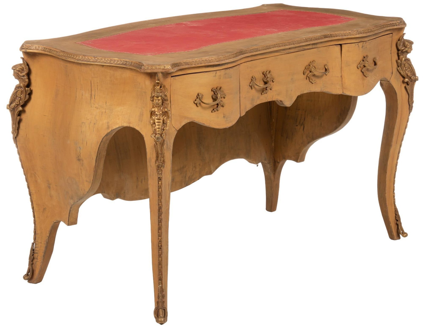 Louis XV Style Writing Desk: Louis XV style writing desk, with embossed leather top, above three drawers, featuring ormolu accents, supported on cabriole legs height 31 in. x width 52 in. x depth 26.5 in.