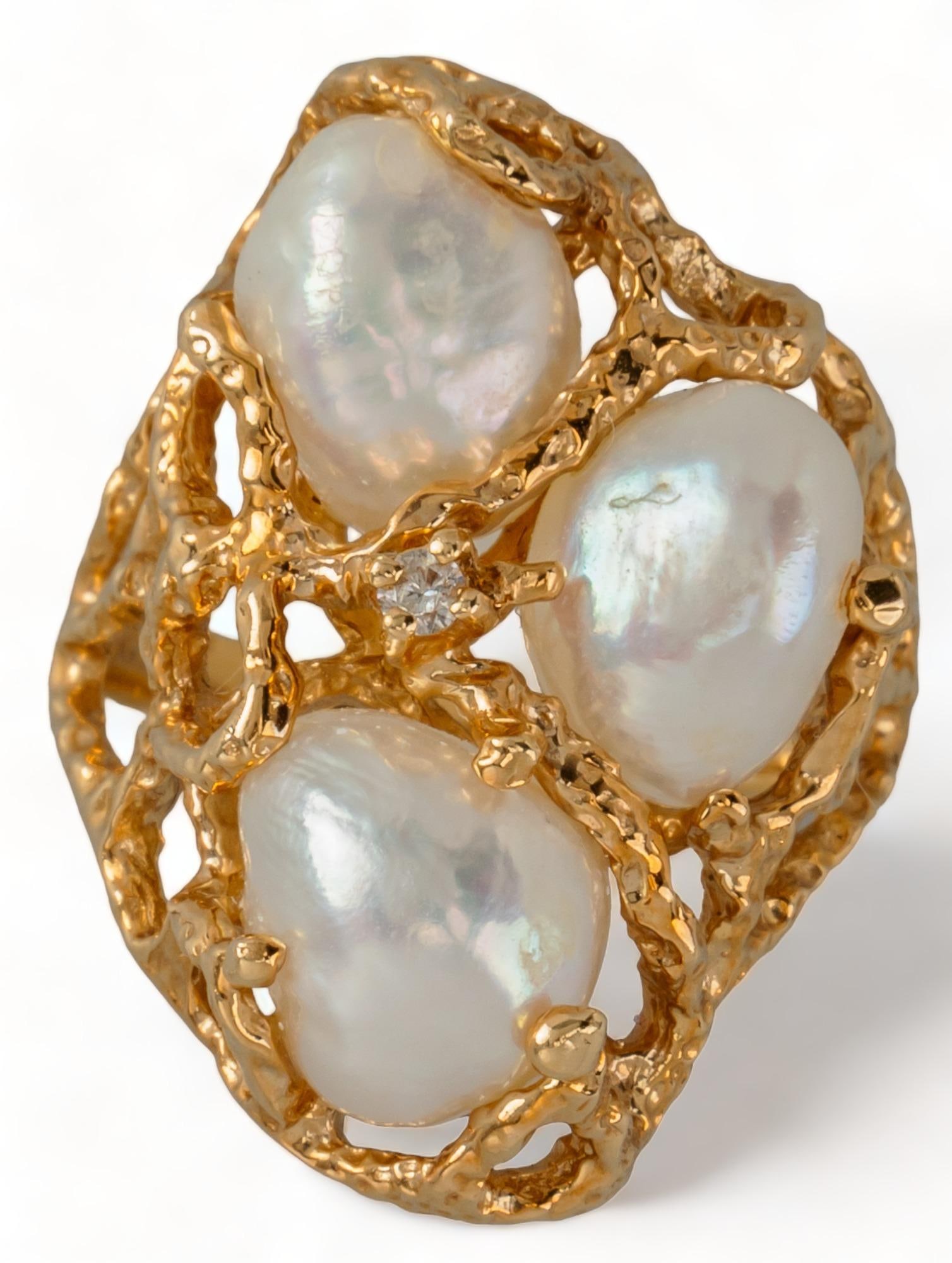 14K Gold Freshwater Pearl and Diamond Cluster Ring (1 of 3)