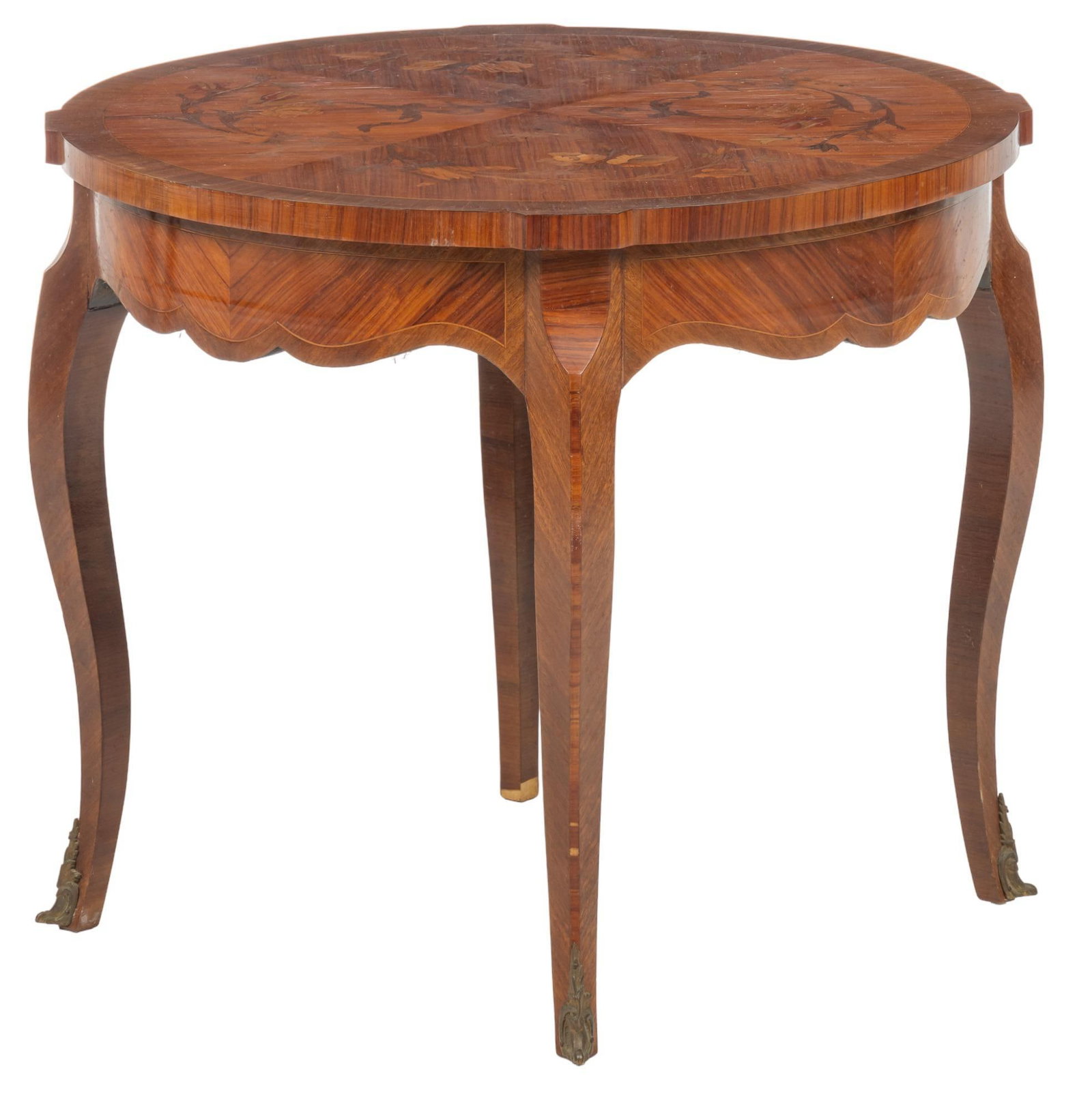 Louis XV Style Table: French Louis XV style side table, featuring a floral marquetery top, with scalloped skirt, supported on saber legs with foliate metal accents height 22 in. x diameter 25.75 in. We happily provide seam