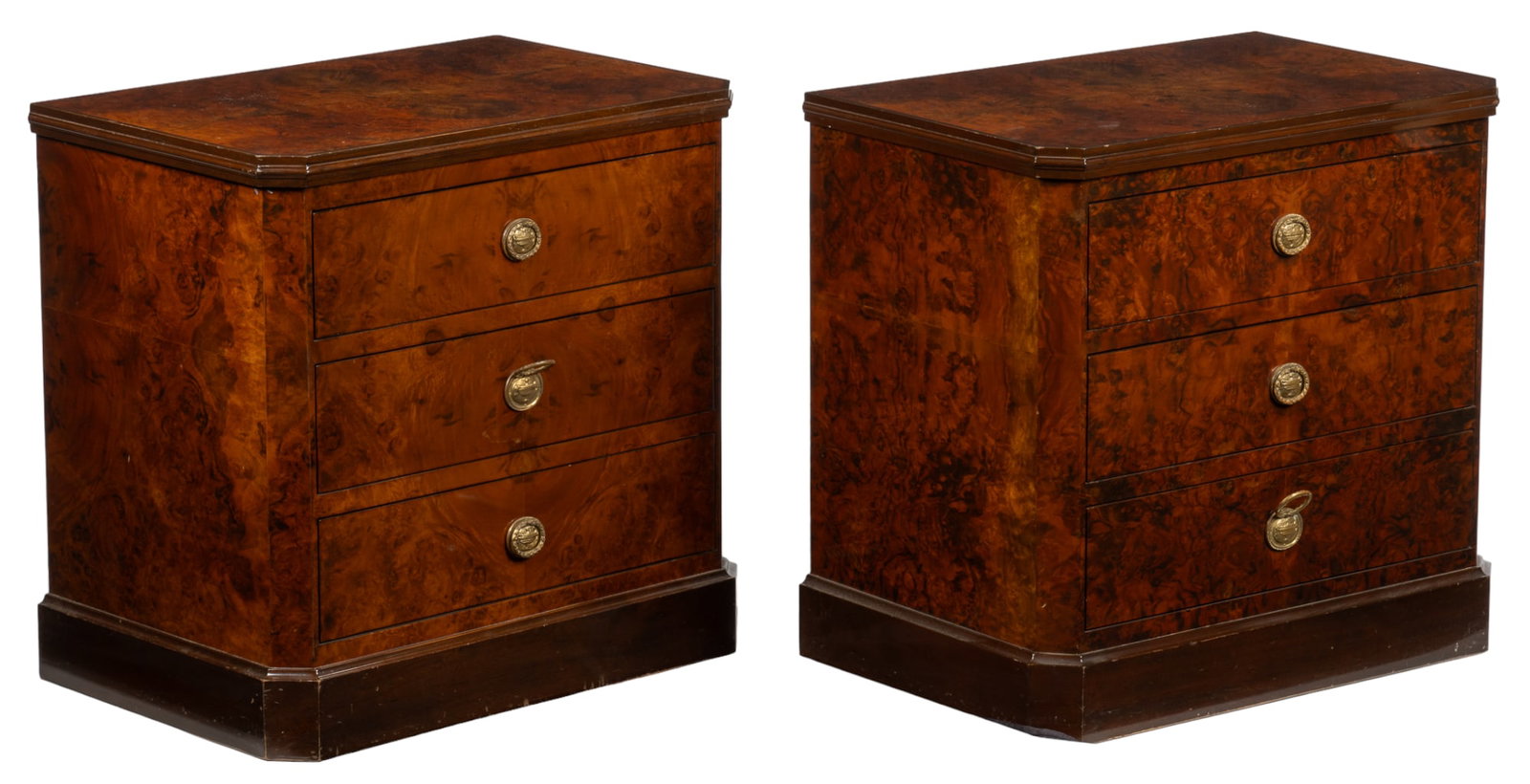 Pair of Biedermeier Style Nightstands: Pair if Biedermeier style nightstands with rectangular tops, over three stacked drawers, with burl wood veneer height 24 in. x width 24.5 in. x depth 16 in. / each Provenance: Property from a Mexico C