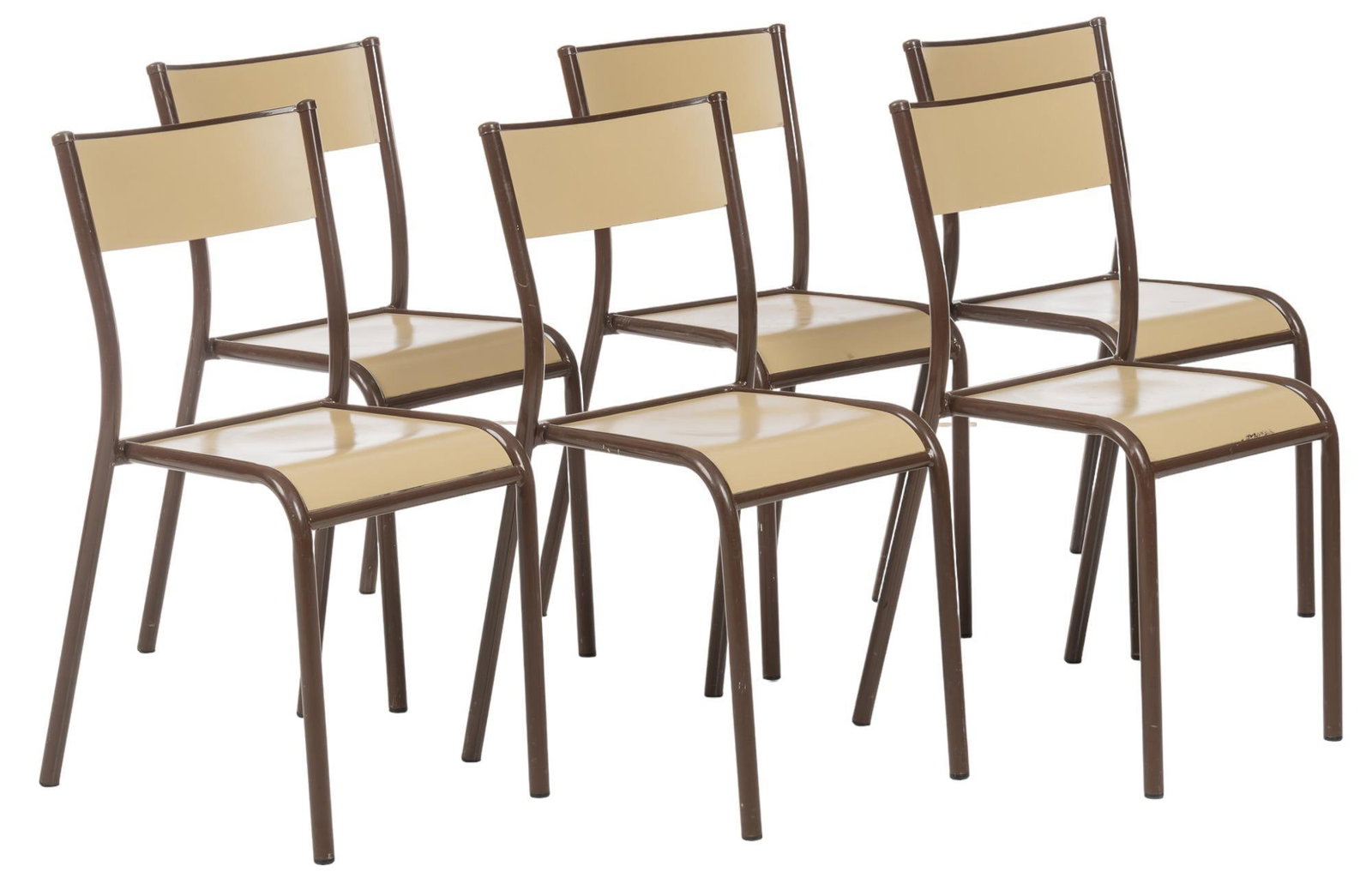 Set of (6) Chairs: Set of six chairs, with raised backs, curved plywood seats, supported on metal frames height 31.25 in. x width 16 in. x depth 19 in. / each We happily provide seamless