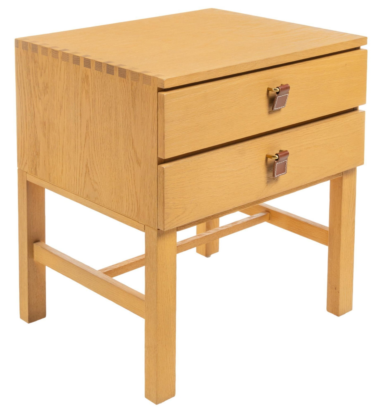 Oak Nightstand: Oak nightstand, "Sunfair" model by Amber Lewis for Anthropologie, oak with leather tab pulls height 26.5 in. x width 24 in. x depth 20 in. Provenance: A Boerne, Texas Collection We happily pro