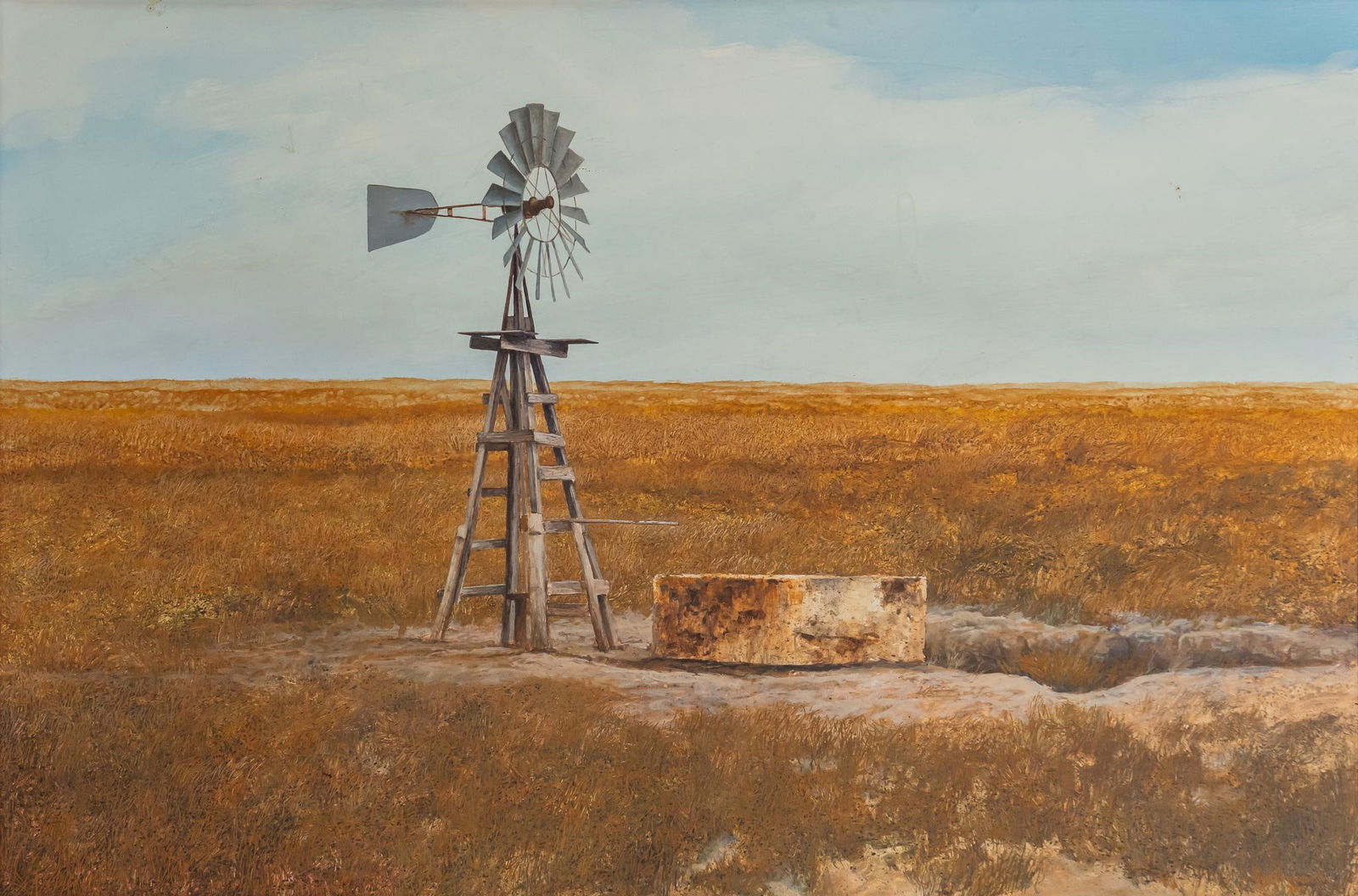 Guy Morrow, Windmill, 1980: Guy Morrow, Windmill, 1980, eggshell tempera on masonite sight: 24 x 36 in. x frame: 31 x 43 in. Provenance: The collection of a San Antonio, Texas family who are downsizing before a relocation to P