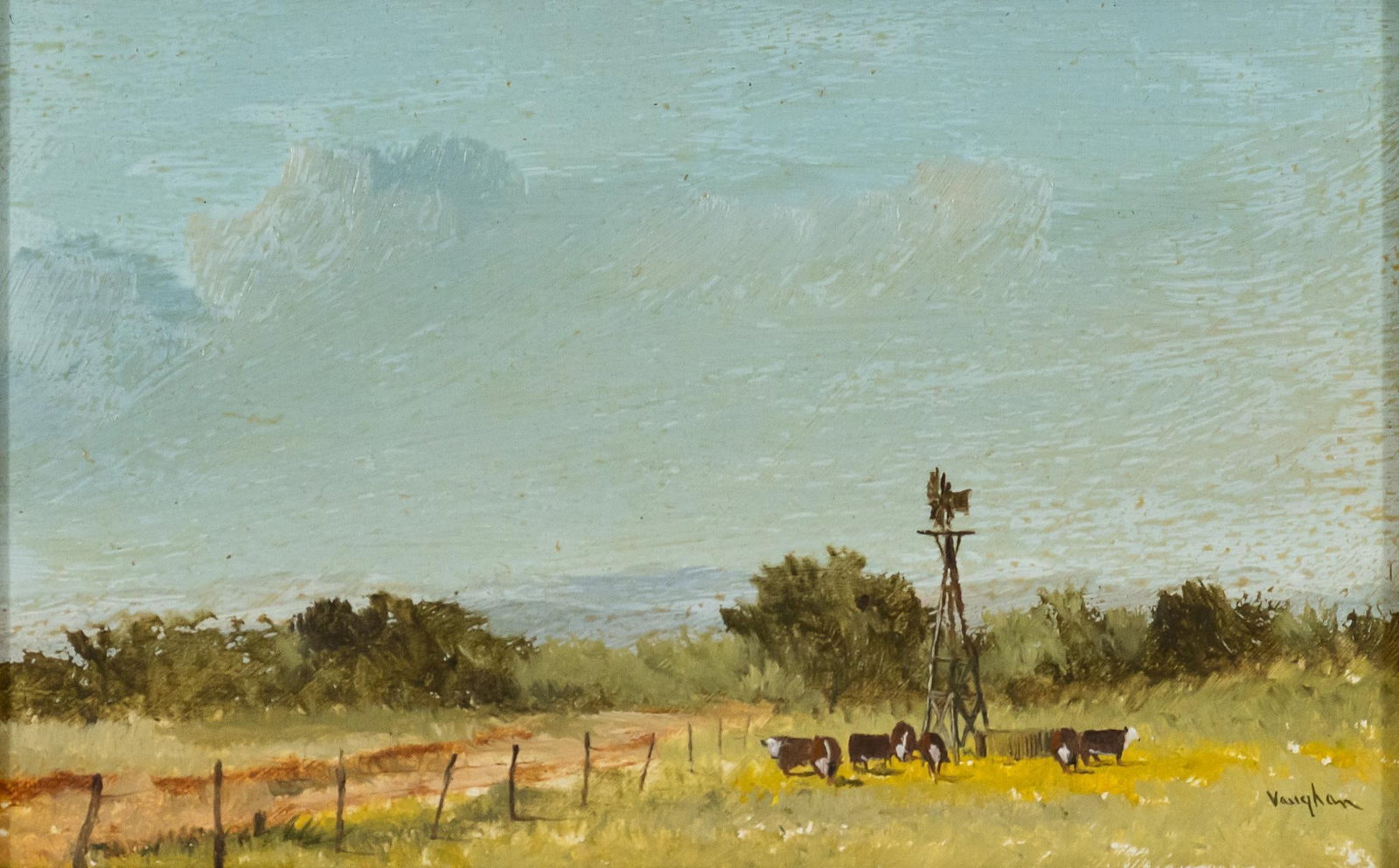 Ronald Vaughan, Windmill and Cattle: Ronald Vaughan (Texas, 20th-21st C.), windmill and cattle, oil on masonite sight: 3 x 4.5 in., frame: 7 x 9 in. Provenance: A San Antonio, Texas collection We happily provide seamless shipping service