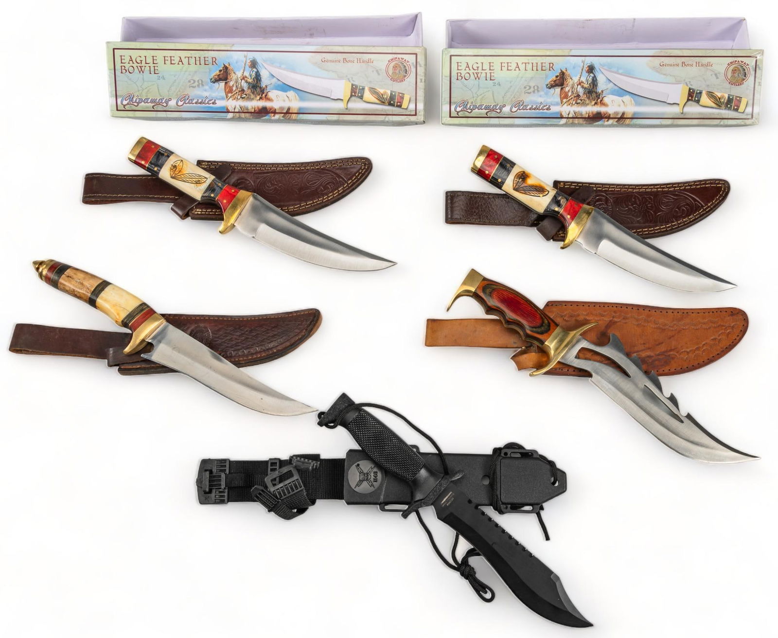 Collection of 5 Hunting Knives: Includes: -3 x Chipaway Cutlery hunting knives; 2 w/ boxes; all have leather sheath; wood & bone handles -Pakistan fighting knife w/ leather sheath -United M48 Tactical Commando knife w/ scabbard