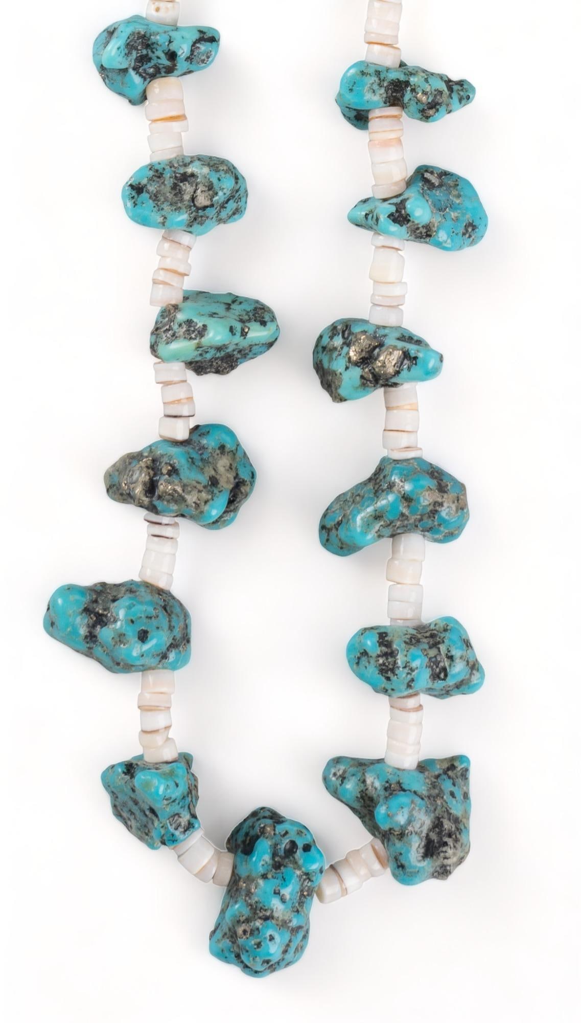 Navajo Kingman Turquoise Nugget and Heishi Bead Necklace: Navajo Kingman turquoise nugget and heishi bead necklace, hook clasp length 30 in. We happily provide seamless shipping services on everything we sell. Please email us at shipping@vogtauction.com 