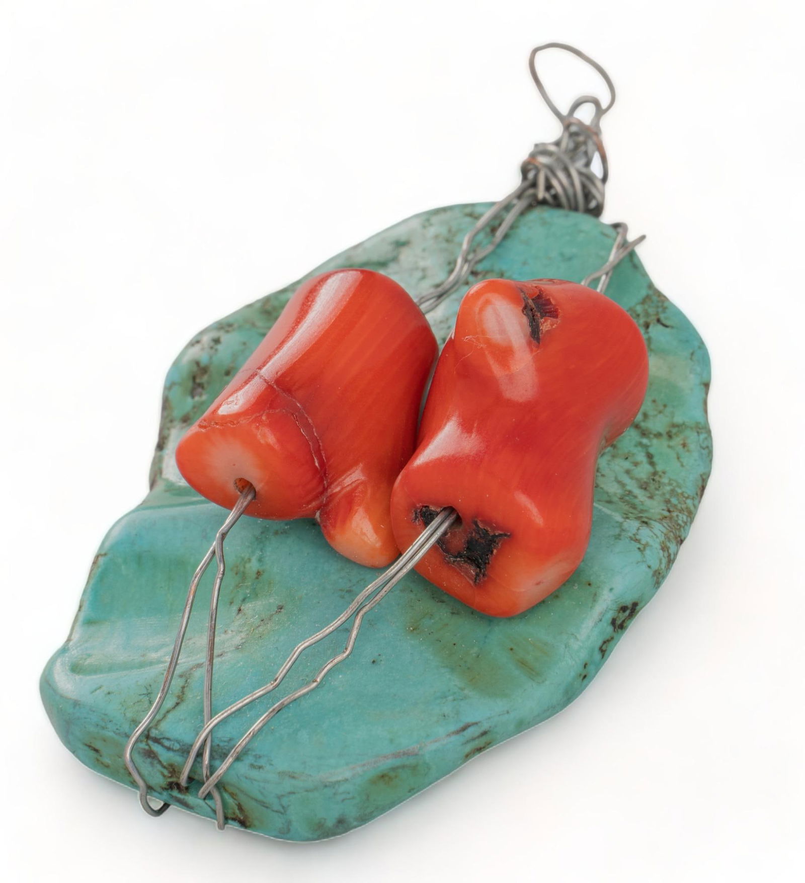 Turquoise and Coral Wire Wrapped Pendant (1 of 4)