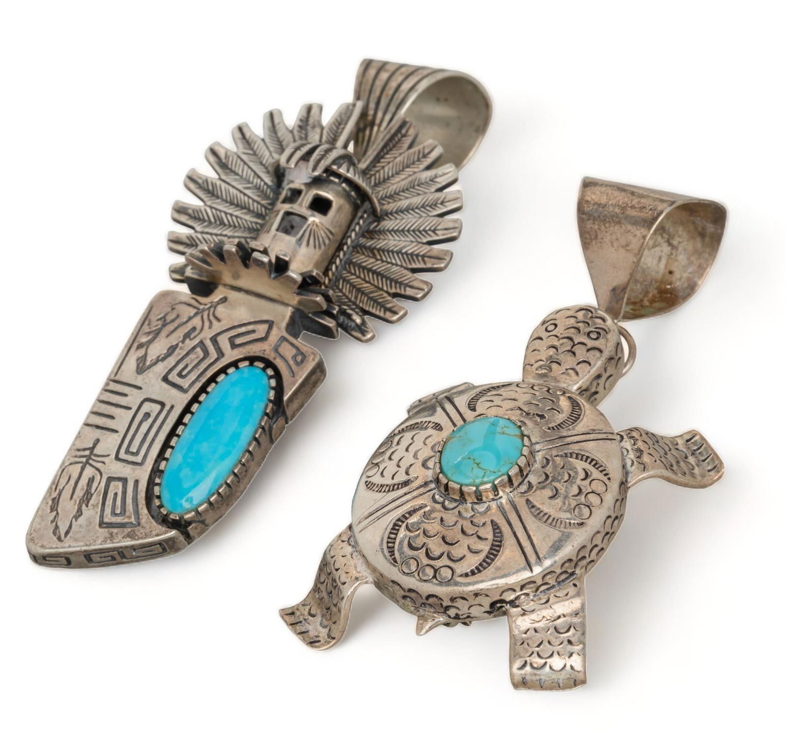 (2) Native American Sterling Silver Turquoise Kachina Figure / Turtle Pendant Broaches (1 of 5)