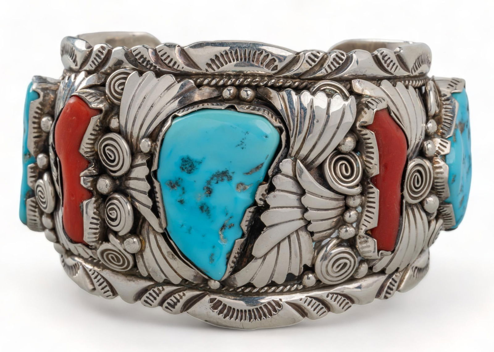 Gilbert Adakai Navajo Sterling Silver Turquoise and Coral Cuff (1 of 5)