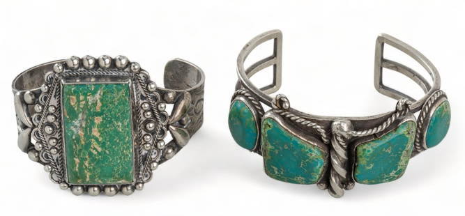 (2) Handmade Sterling Silver Turquoise Cuffs: Two (2) handmade sterling silver turquoise cuffs, one (1) inlaid rectangular turquoise cuff framed in silver beads and rope designs, marked "S", one (1) turquoise stone silver rope framed cuff