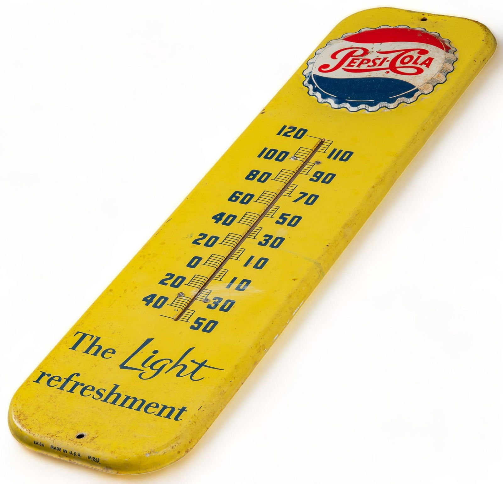 Pepsi-Cola Advertising Thermometer: Pepsi-Cola advertising thermometer, single sided, with bottle cap motif, text reading "The Light refreshment" height 27.5 in. x width 7.25 x depth 1 in. We happily provide seamless shipping