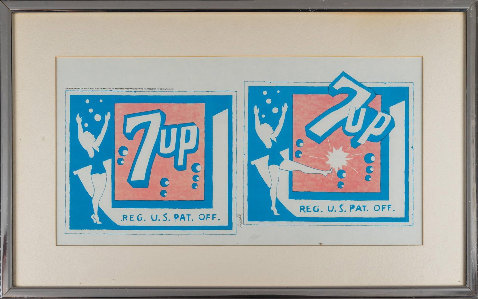 Pat Dypold, 7-up Lithograph: Pat Dypold 7-up advertising lithograph, framed height 17 in. x width 27 in. x depth 1 in. We happily provide seamless shipping services on everything we sell. Please email us at shipping@vogtaucti