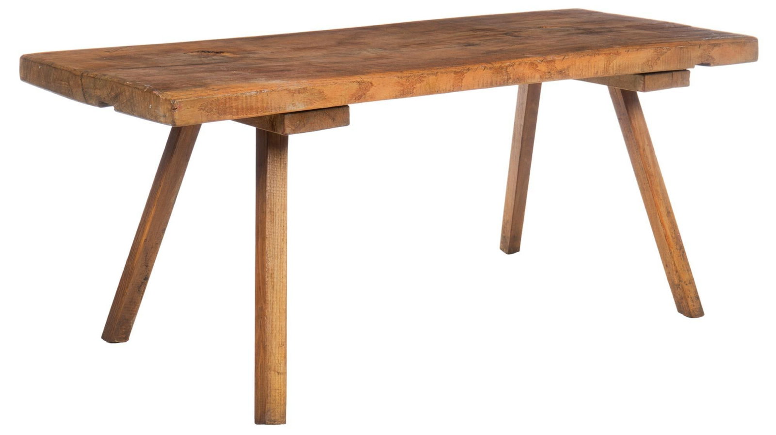 Rustic Farmhouse Table: Rustic wooden farmhouse table, rising on slanted block legs height 25.5 in. x width 61 in. x depth 25 in. We happily provide seamless shipping services on everything we sell. Please email us at shippi