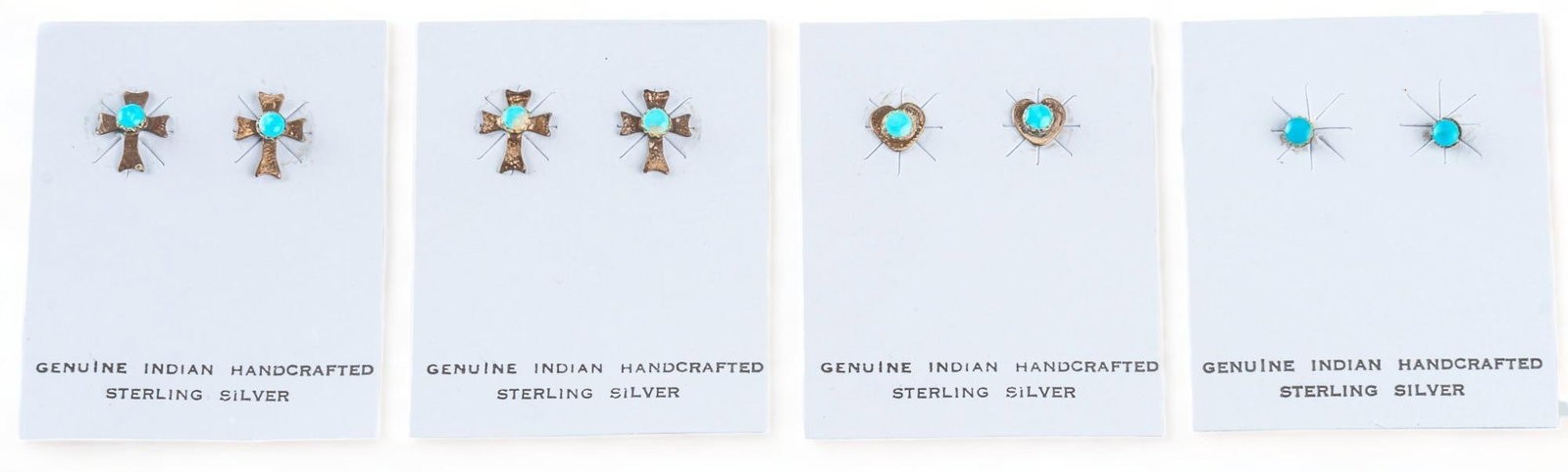 (4) Pairs of Turquoise Handmade Native American Studs: Four (4) pairs of turquoise handmade Native American studs, cross, heart, and circle studs, featuring central round turquoise stone, post backs cross stud / length 10 mm. heart stud / length 6 mm. We 