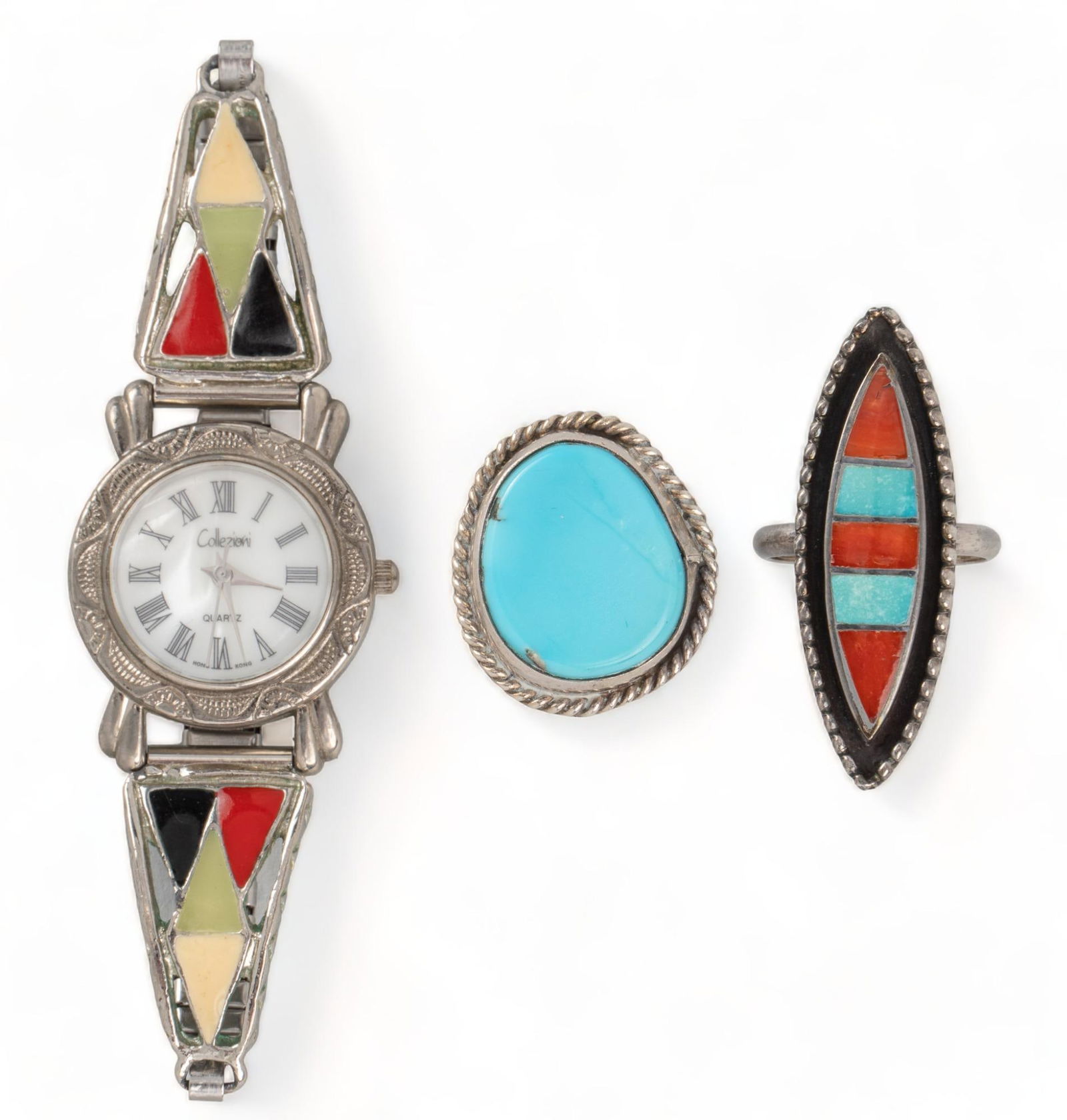 (3) Handmade Semi-Precious Inlaid Stone Rings and Watch (1 of 9)
