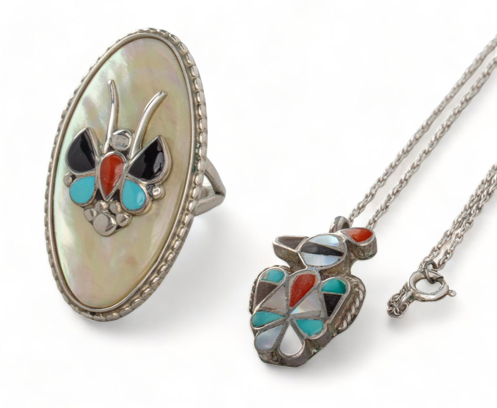 (2) Handmade Sterling Silver Multi Stone Bird Necklace and Butterfly Ring (1 of 7)