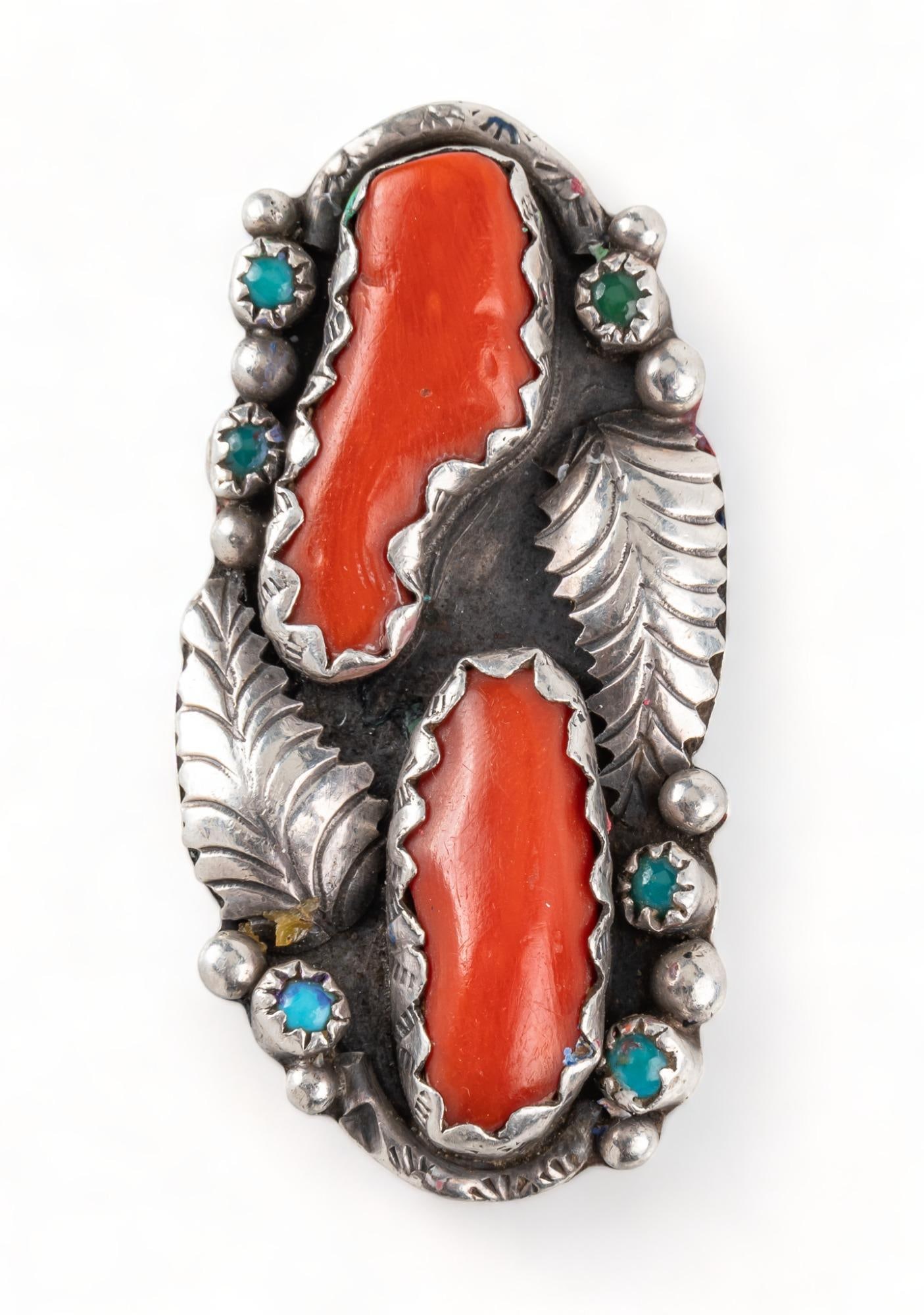 Debbie Pruitt Sugar Bear Navajo Coral and Turquoise Sterling Silver Feather Ring (1 of 6)