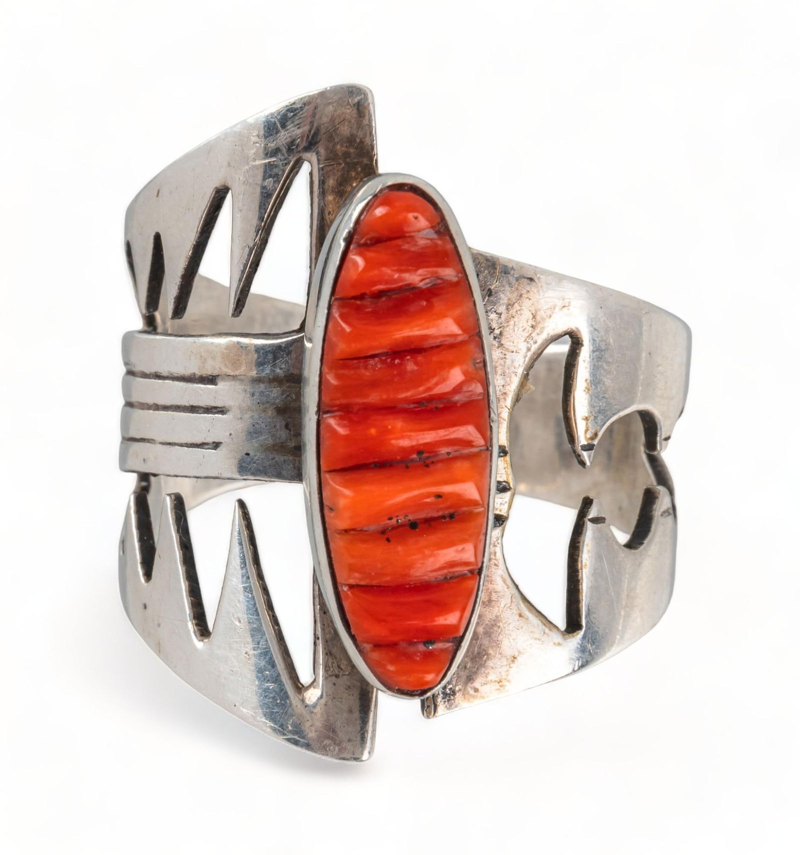 Verdy Jake Native American Carved Coral Sterling Silver Ring (1 of 5)
