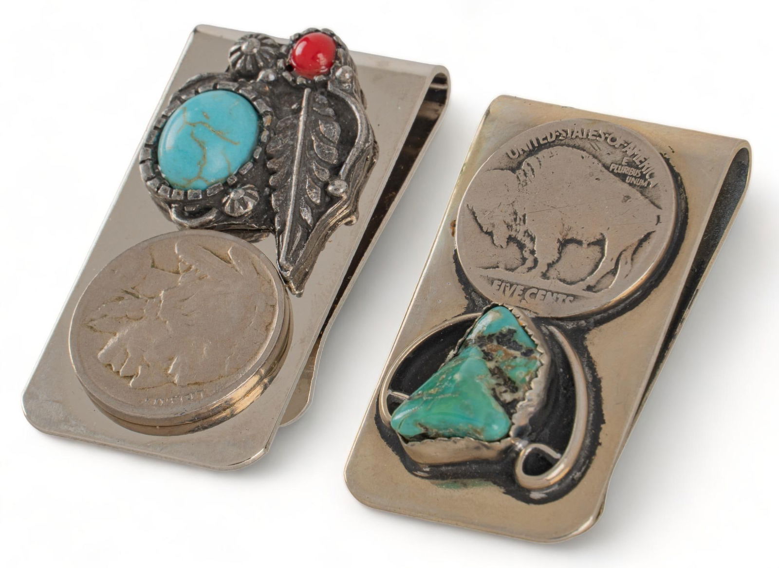 (2) Turquoise and Coral Buffalo Nickel Money Clips (1 of 3)
