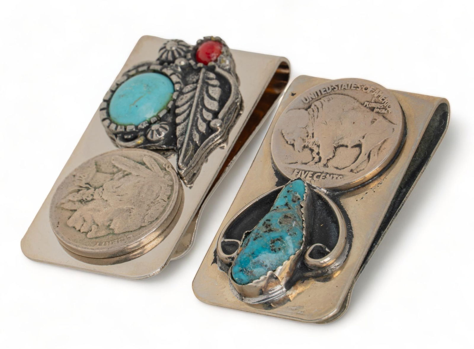 (2) Turquoise and Coral Buffalo Nickel Money Clips (1 of 3)